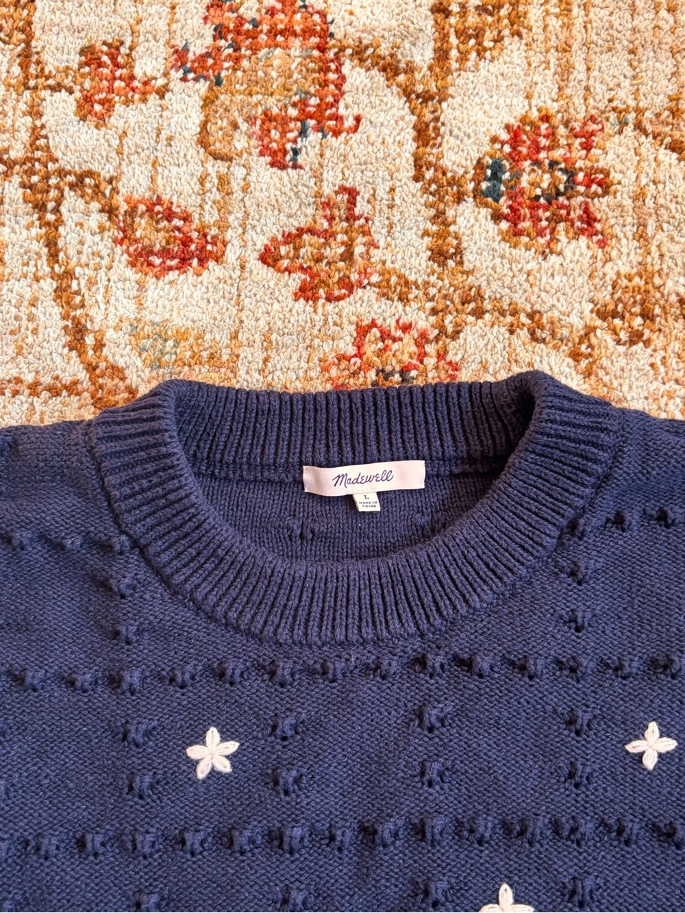 Madewell Embroidered Pointelle Crewneck Sweater Navy Blue Size L - Picture 4 of 4